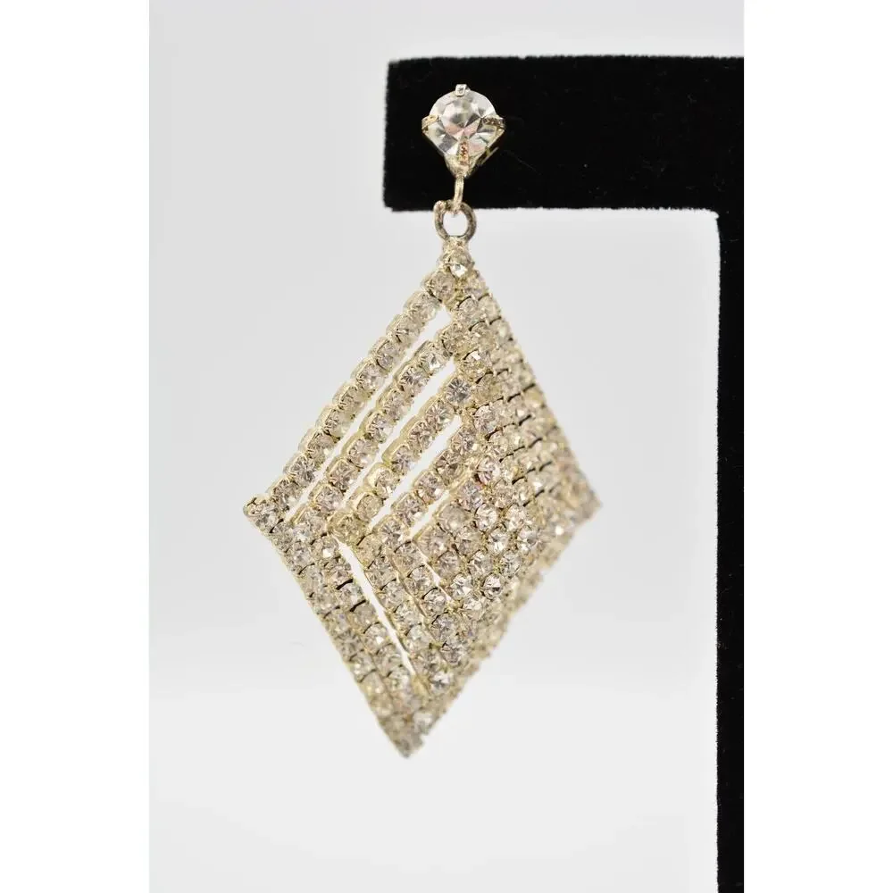 Vintage Crystal Earrings Dangle Prong Rhinestone Silver Sparkling 1990s 9L